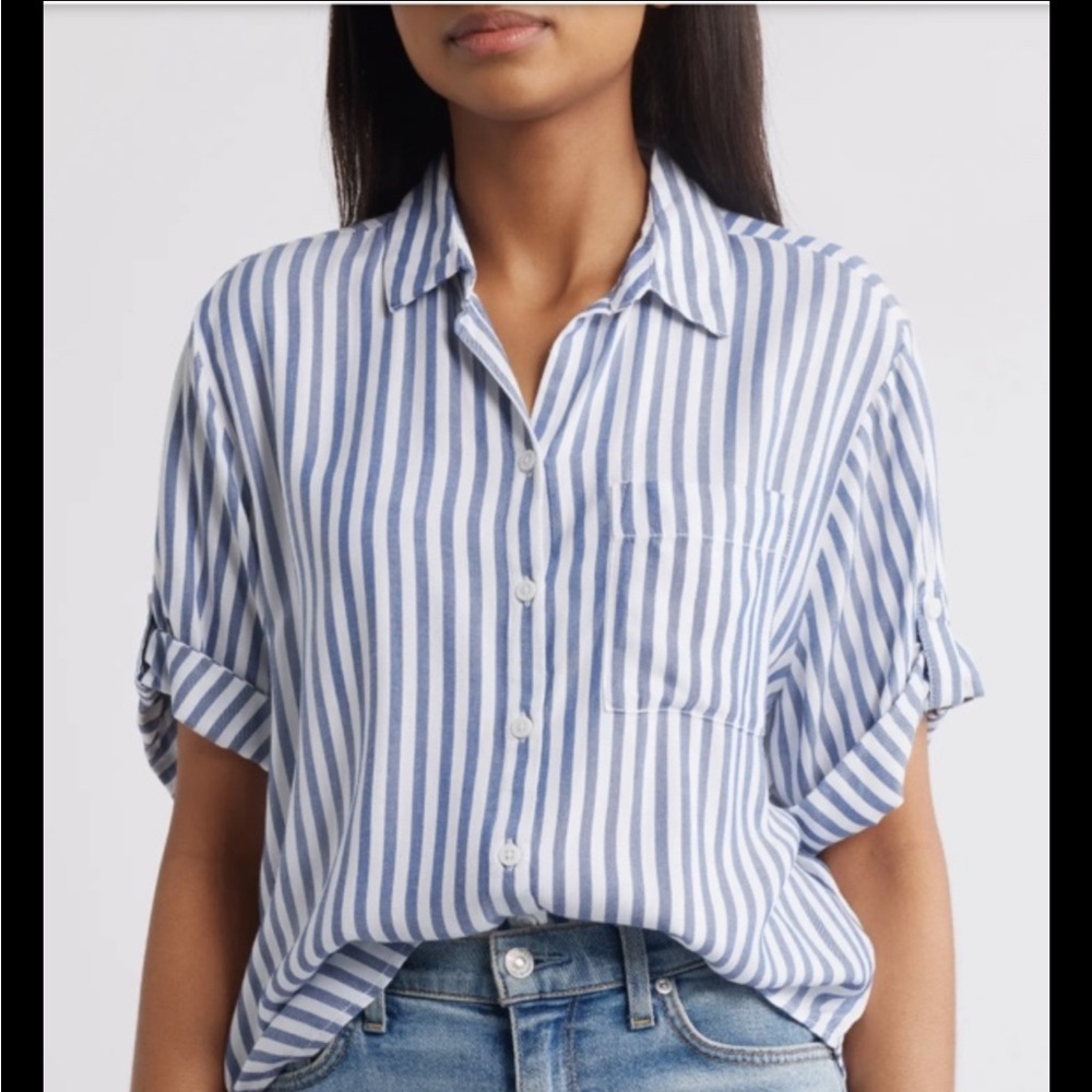 beachlunchlounge collection stripe short sleeve button up shirt Spring Tulip E-4